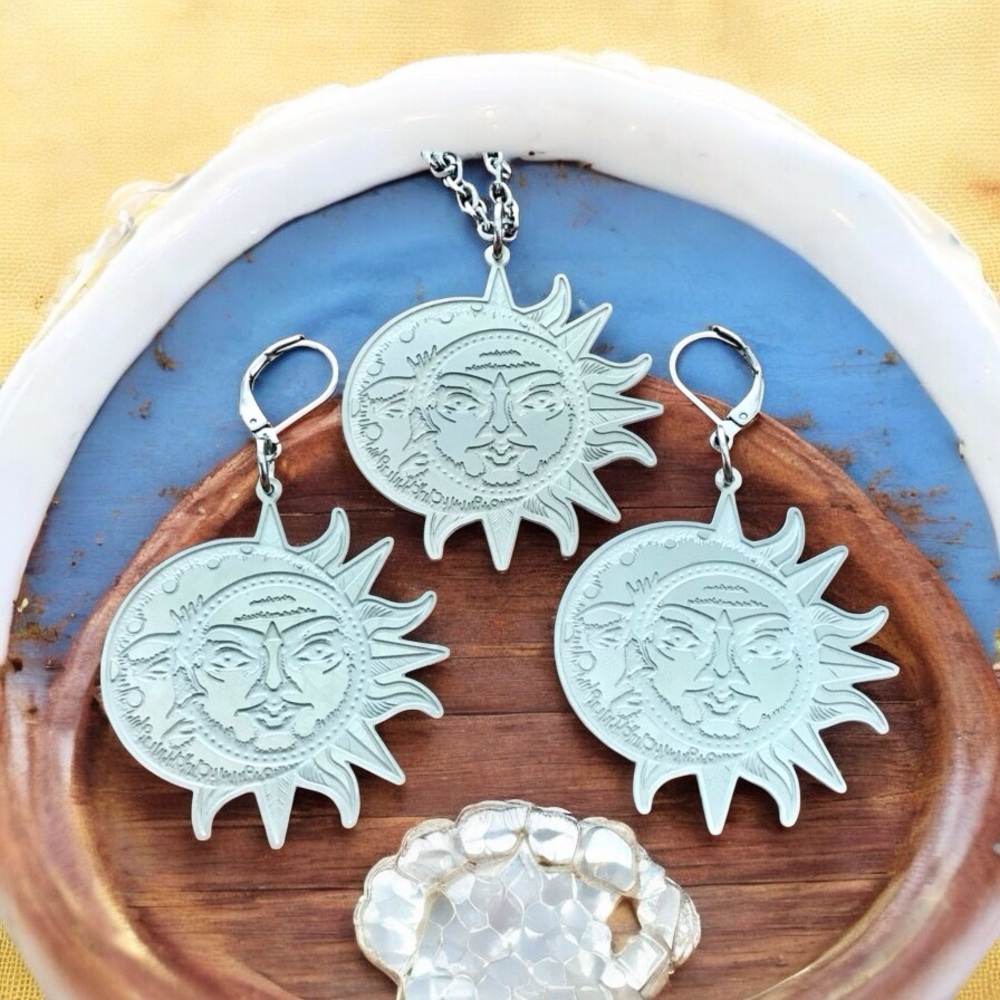 🆕 Sun and Moon Laser Etched Necklace and Earrings Set Stainless Steel